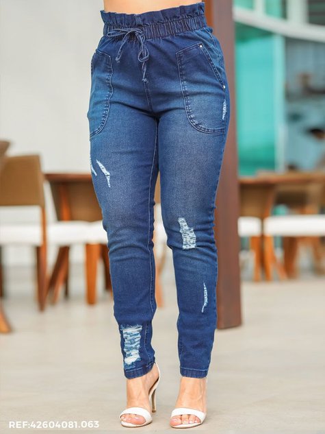 Calça Feminina Jeans Jogging Cós Alto Elástico Pedra da Lua