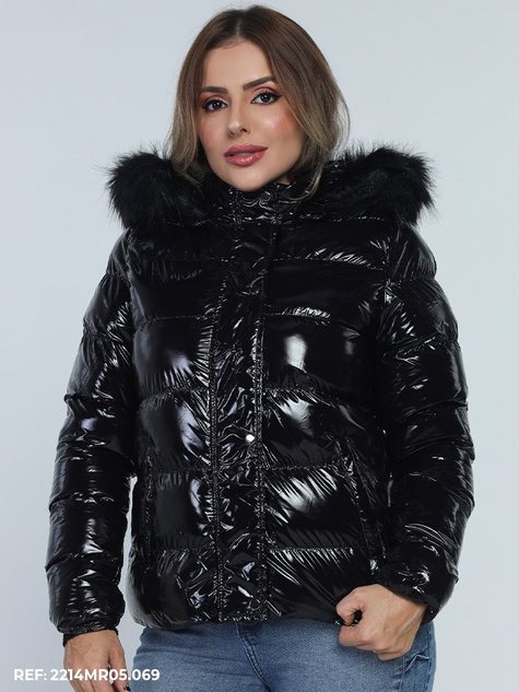 Jaqueta Feminina Nylon Puffer Brilhante Capuz Pelo (Preto)