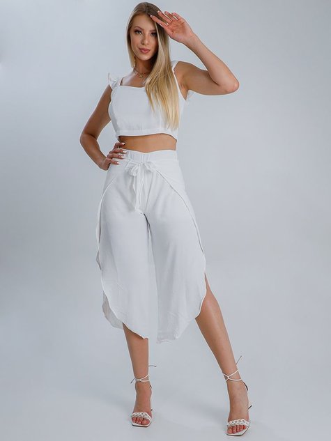Conjunto Feminino Cropped Calça Pantacourt (Off White)