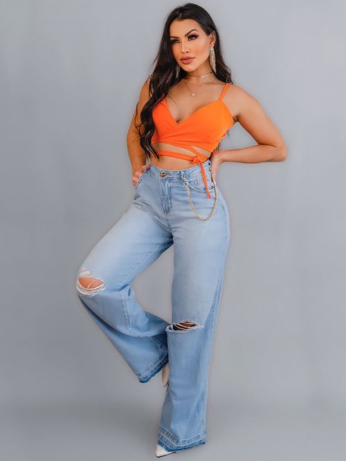 Calça Feminina Wide Leg com Corrente Azul Claro