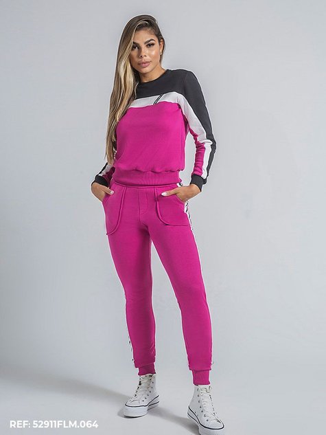 Conjunto Feminino Moletom Bolso Alongado Gola O (Rosa)