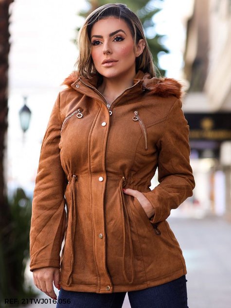 Parka Feminina Camurça Alongada Capuz Peluciado (Marrom)