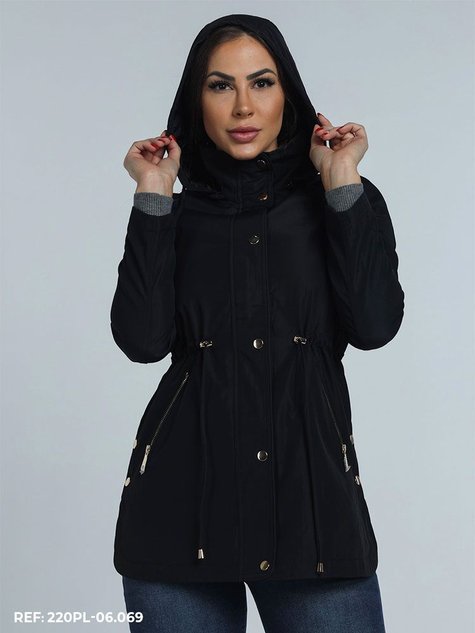 Parka Feminina Nylon Impermeável Gola Alta Preto