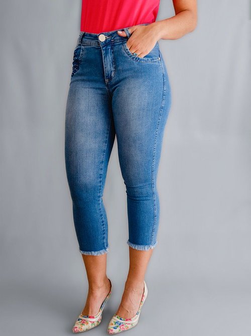 Calça Feminina Jeans Capri Modeladora Niina Safira com Bolso