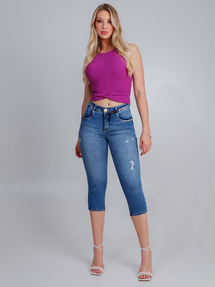 Cal&ccedil;a Feminina Jeans Cropped Pu&iacute;dos Modeladora Imagem 1