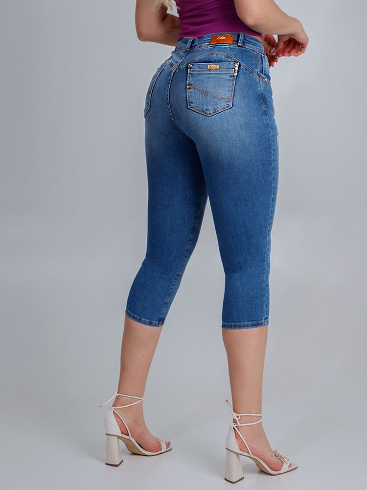Cal&ccedil;a Feminina Jeans Cropped Pu&iacute;dos Modeladora Imagem 4