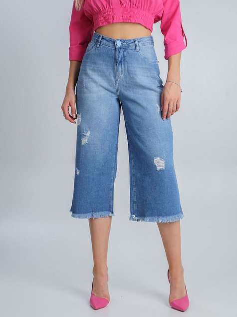 wccf  extra    テラドーナ①     15-16    美品 Calça Feminina Capri Wide Leg Destroyed Barra Desfiada