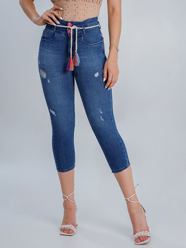 Calça Feminina Jeans Cropped Juliana 2 Botões Cordão Safira Imagem 1