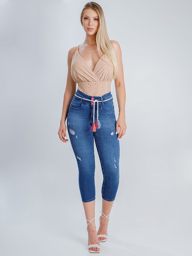 Calça Feminina Jeans Cropped Juliana 2 Botões Cordão Safira Imagem 2