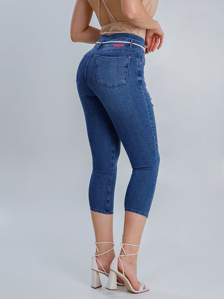 Calça Feminina Jeans Cropped Juliana 2 Botões Cordão Safira Imagem 4
