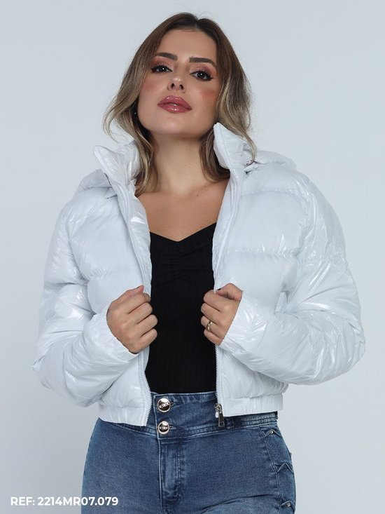 Jaqueta Feminina Cropped Nylon Brilhante (Branco)