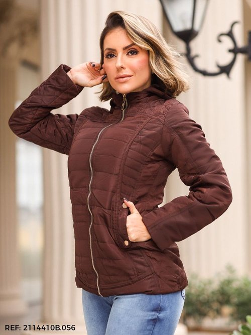 Jaqueta Feminina Nylon Tradicional Forrada Fecho em Zíper Marrom