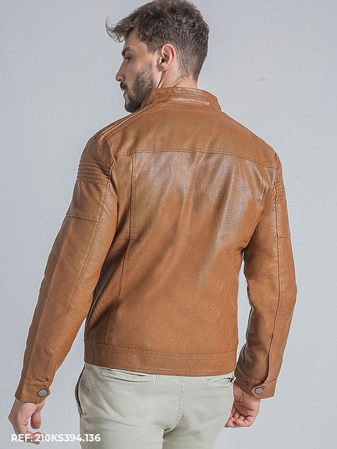 Jaqueta Masculina Couro Ecológico Bolso de Zíper (Caramelo)