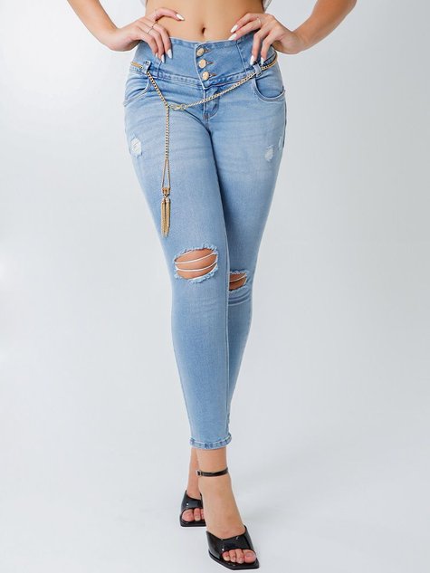 Calça Feminina Jeans Cigarrete Empina Bumbum Cinto Corrente