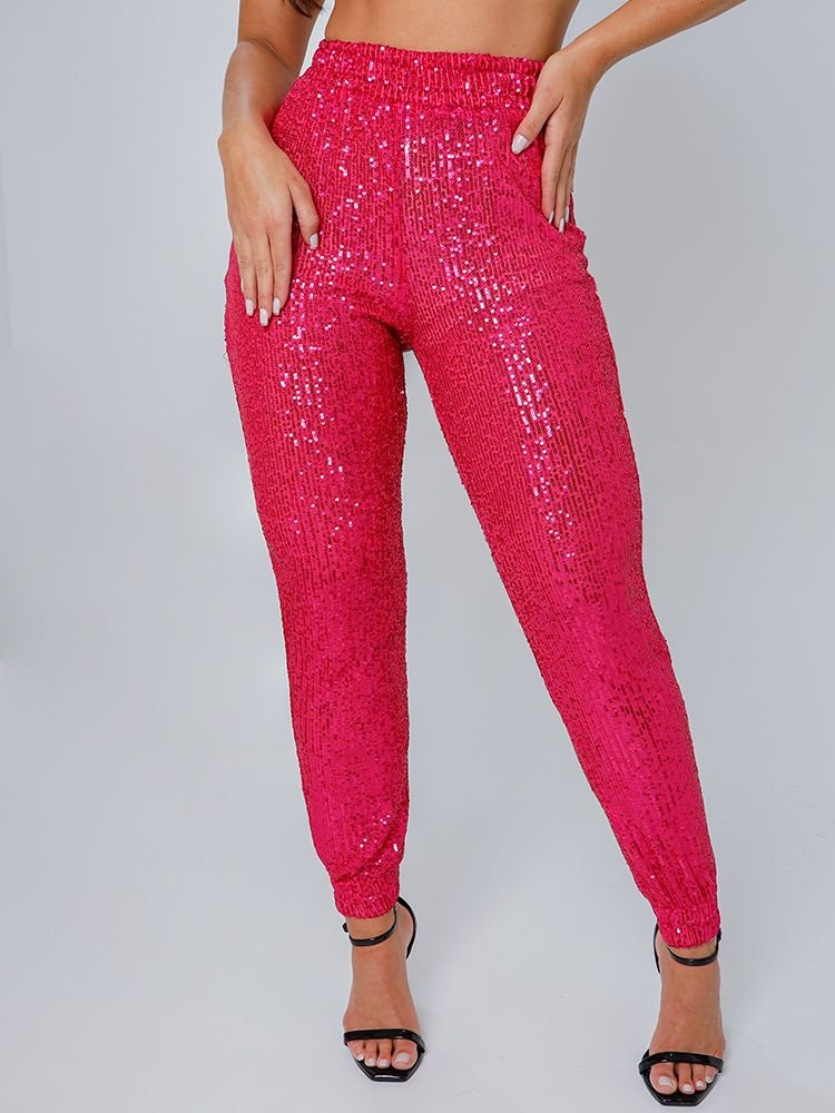 Calça Feminina Jogging Paetê com Transparência (Rosa)