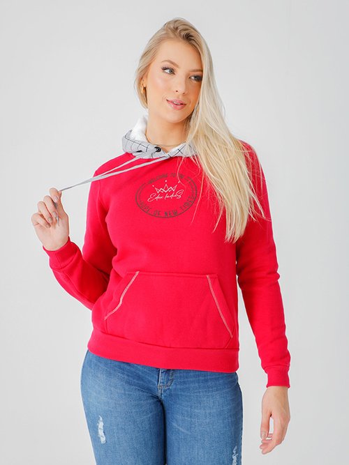 Blusa Feminina Moletom Capuz Quadriculado Bolso Canguru (Rosa)