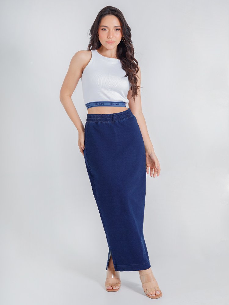 Saia Feminina Jeans Midi Comfy C&oacute;s El&aacute;stico Imagem 2