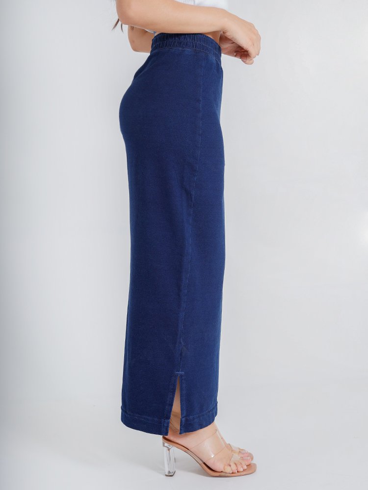 Saia Feminina Jeans Midi Comfy C&oacute;s El&aacute;stico Imagem 4