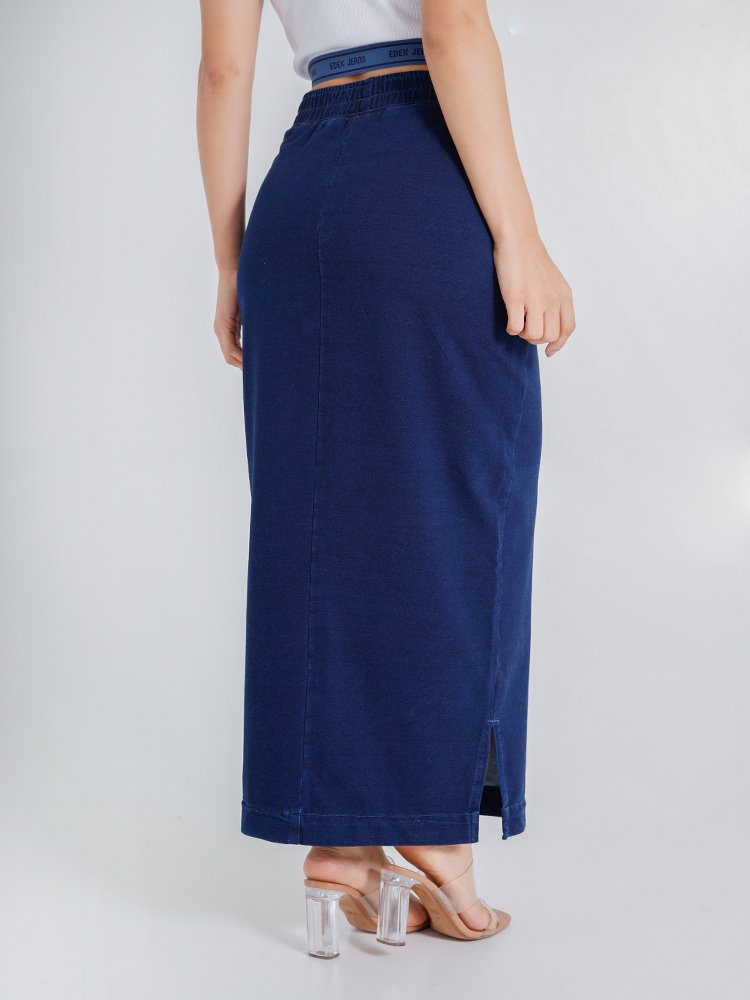 Saia Feminina Jeans Midi Comfy C&oacute;s El&aacute;stico Imagem 3