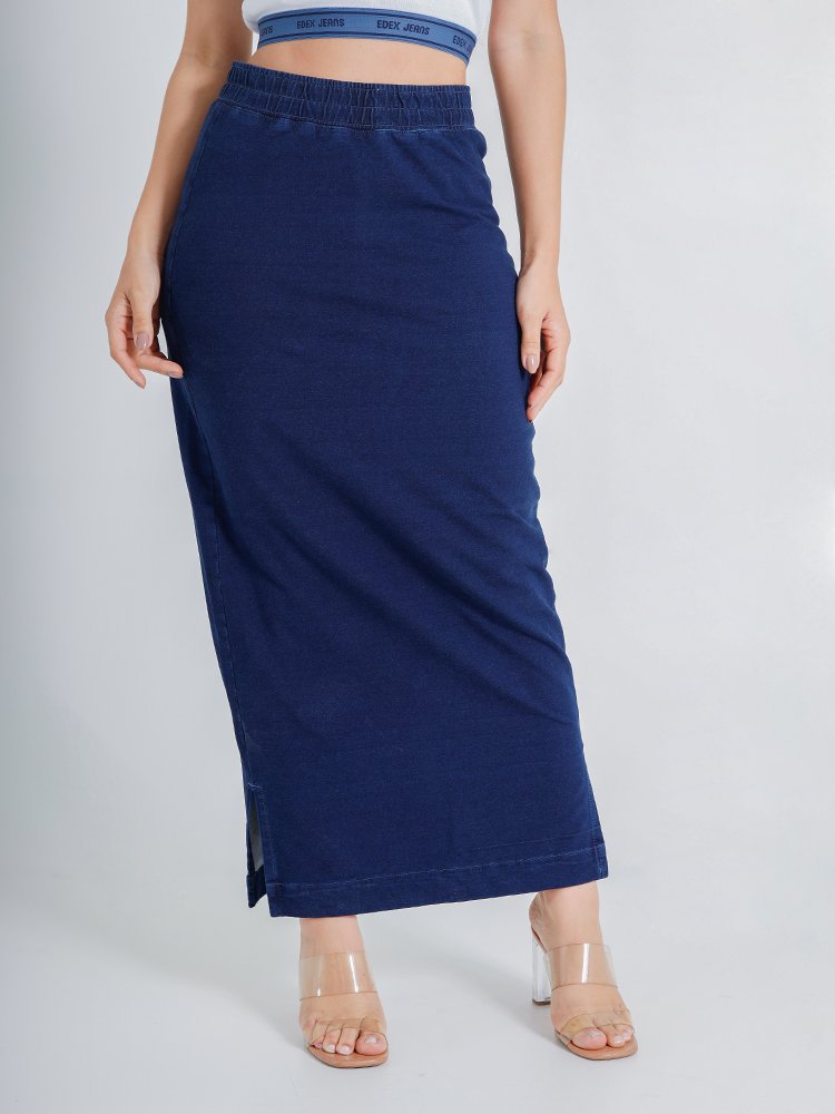 Saia Feminina Jeans Midi Comfy C&oacute;s El&aacute;stico Imagem 1