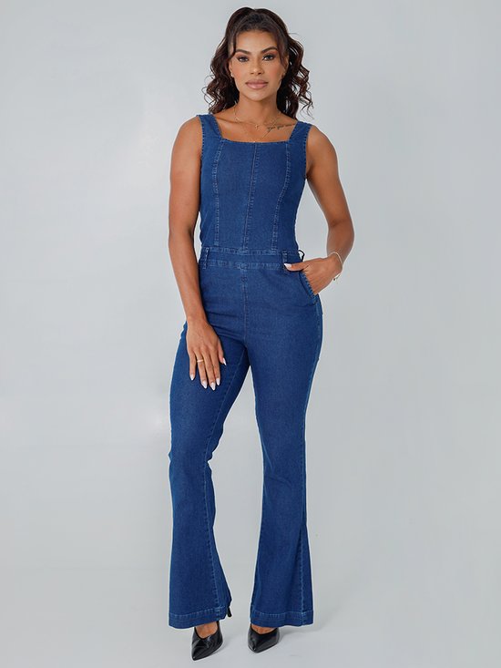 Macacão Feminino Jeans Boot Cut Alça Larga