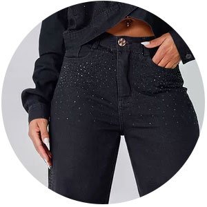 calca jeans feminina wide leg diamante