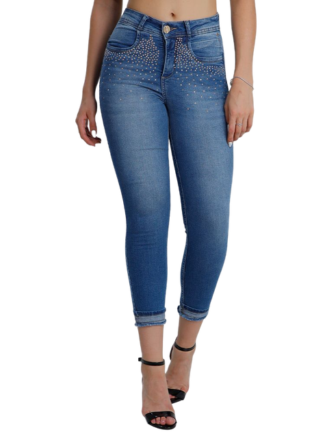 Calça Feminina Jeans Cropped Juliana Strass Safira Barra Dobrada