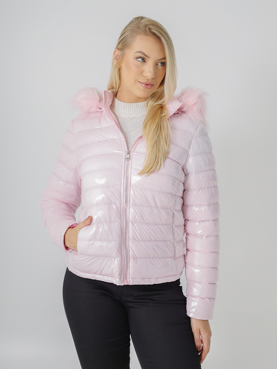 Jaqueta Feminina Nylon Puffer Brilhante Capuz Pelo (Rosa)