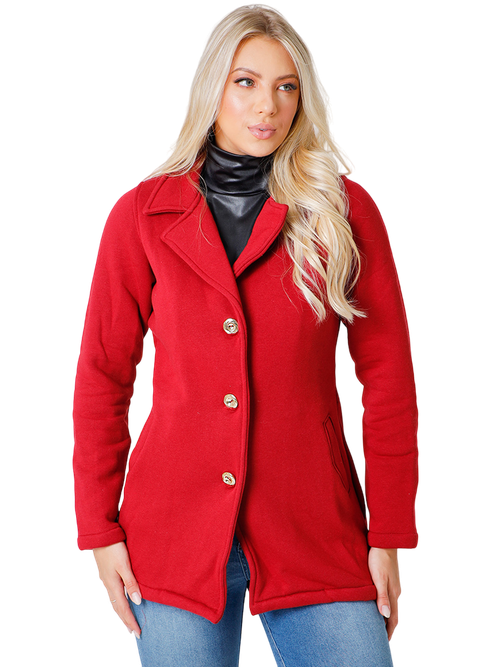 Casaco Feminino Moletom Gola Notch Botões (Vermelho)