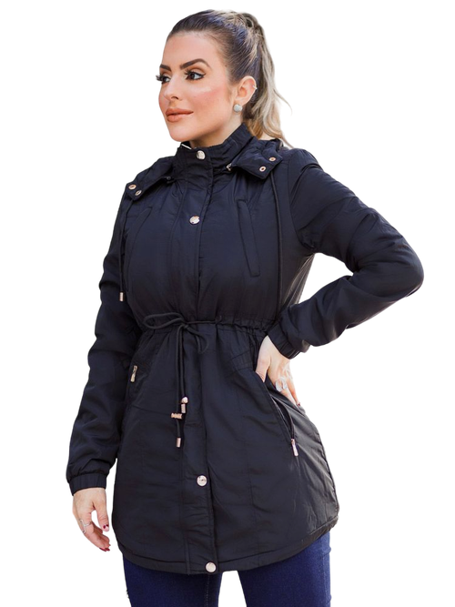 Parka Jaqueta Feminina Nylon Bolso Embutido (Preto)