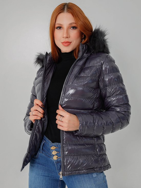 Jaqueta Feminina Nylon Puffer Brilhante Capuz Pelo (Grafite)