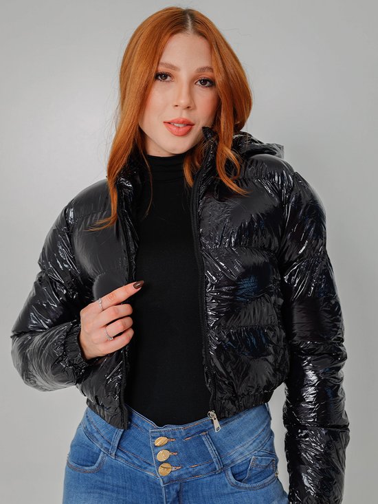 Jaqueta Curta Jaqueta Jeans Cropped Preta Jaqueta Feminina Cropped Nylon  Brilhante (Preto)