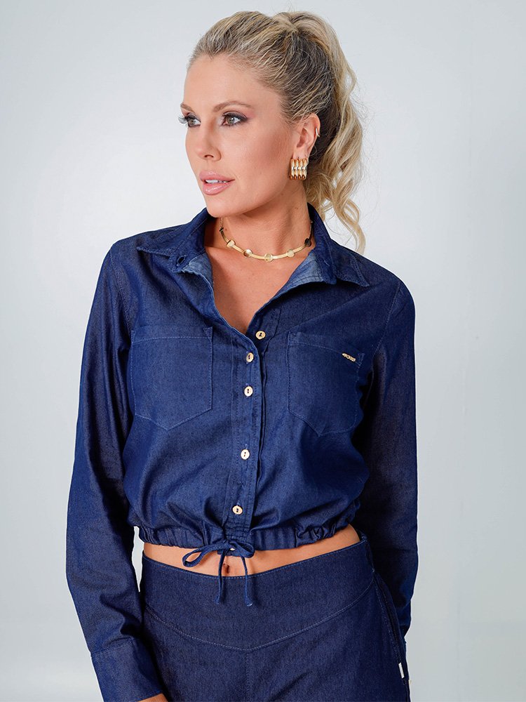 Camisa Feminina Jeans Cropped com Elástico Imagem 4