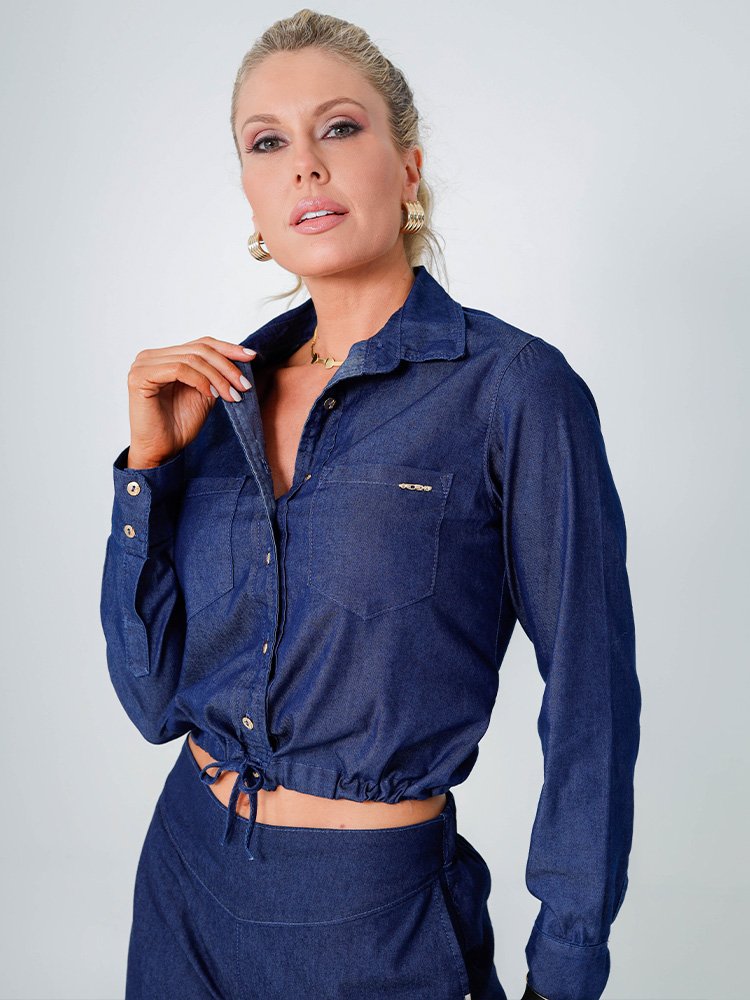 Camisa Feminina Jeans Cropped com Elástico Imagem 2