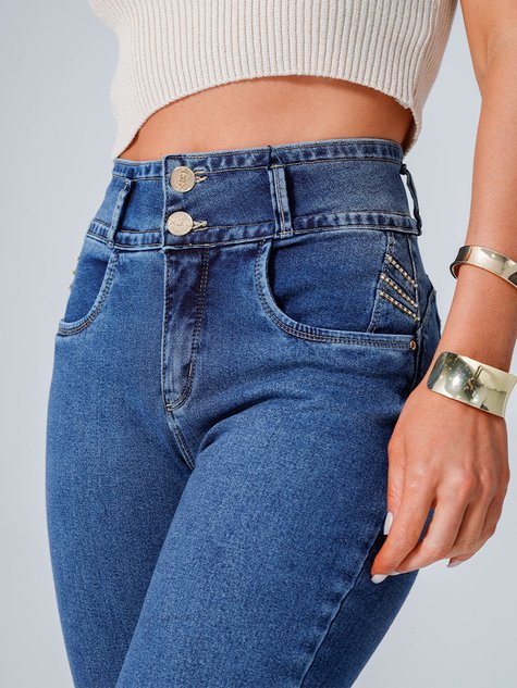 Calça Feminina Jeans Cigarrete Lycra Cós Alto