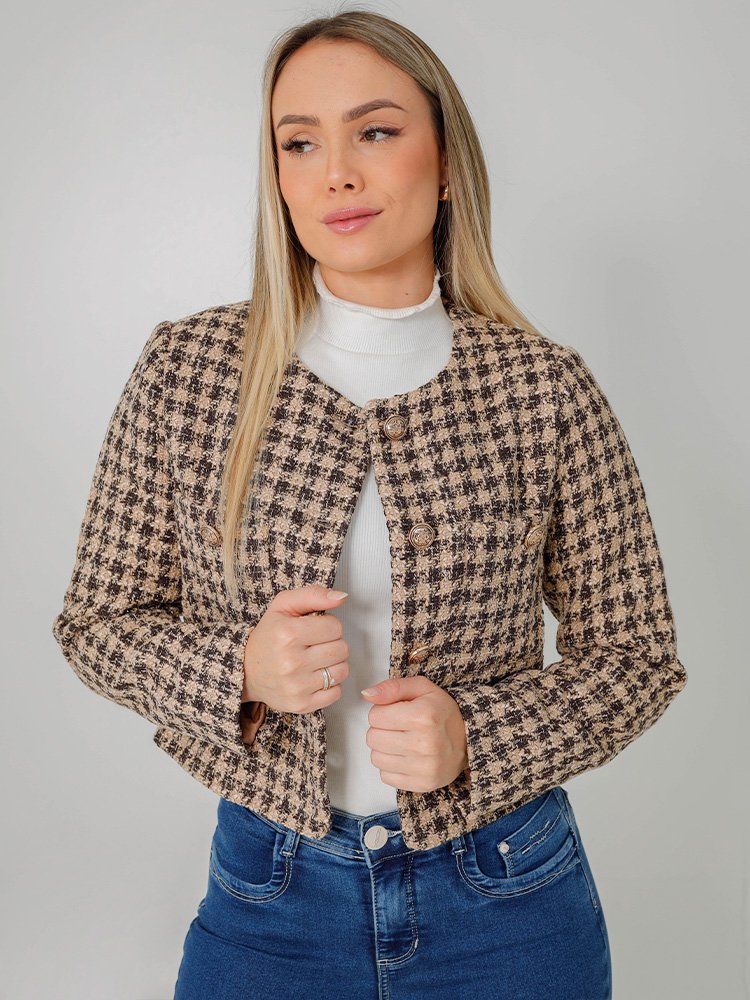 Blazer Cropped Feminino Lã Tweed Gola Redonda (Marrom)