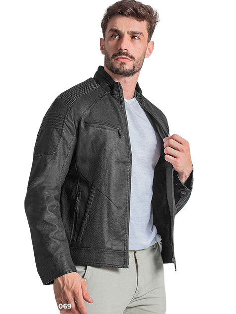 Jaqueta Masculina Couro Ecológico Bolso de Zíper (Preto)