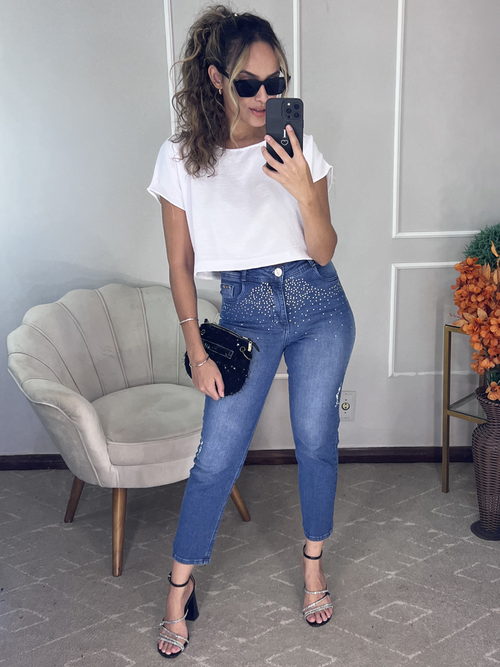 calca feminina jeans brilho strass