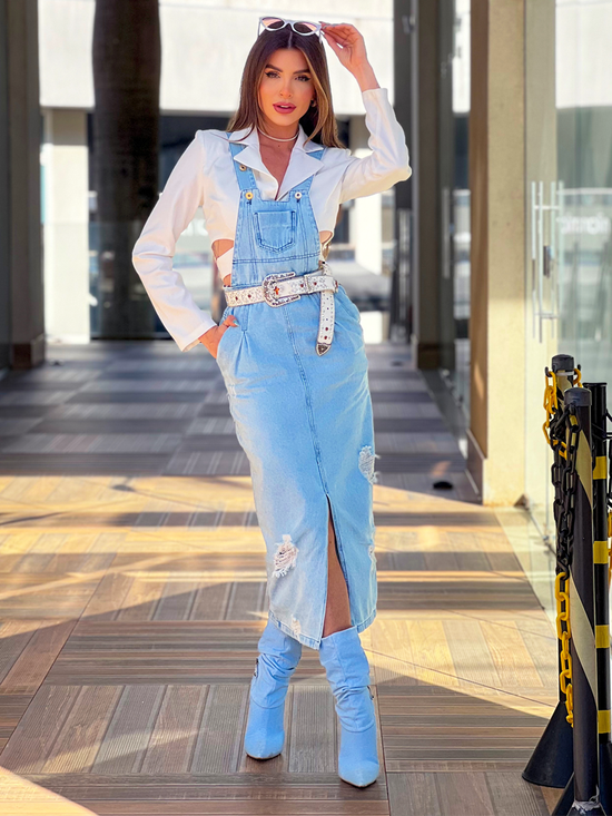 Jardineira Jeans Saia Longa Moda Evangélica Jardineira Saia Longa