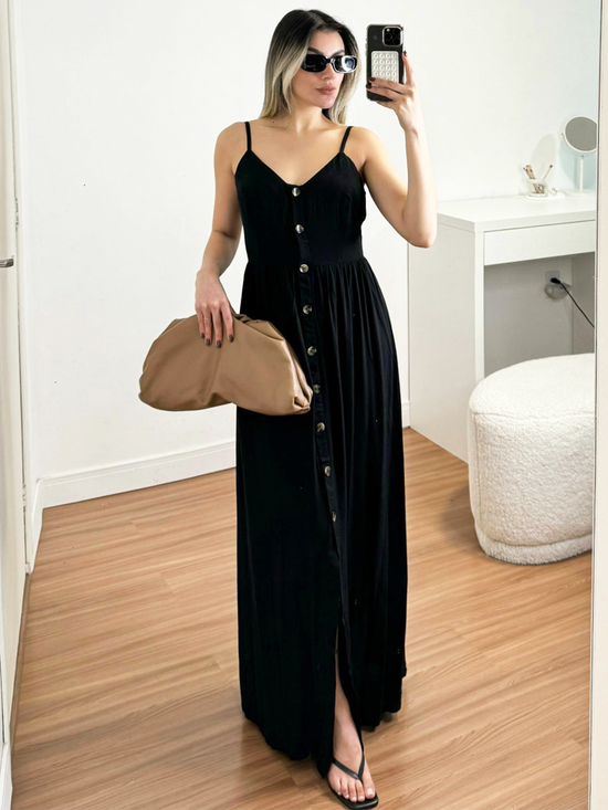 Vestido Feminino Longo Fenda Frontal Alça Ajustável (Preto)