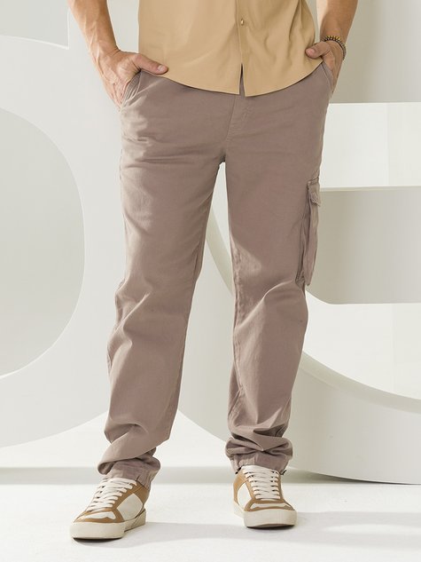 Calça Masculina Sarja Jogging Bolso Cargo (Marrom)