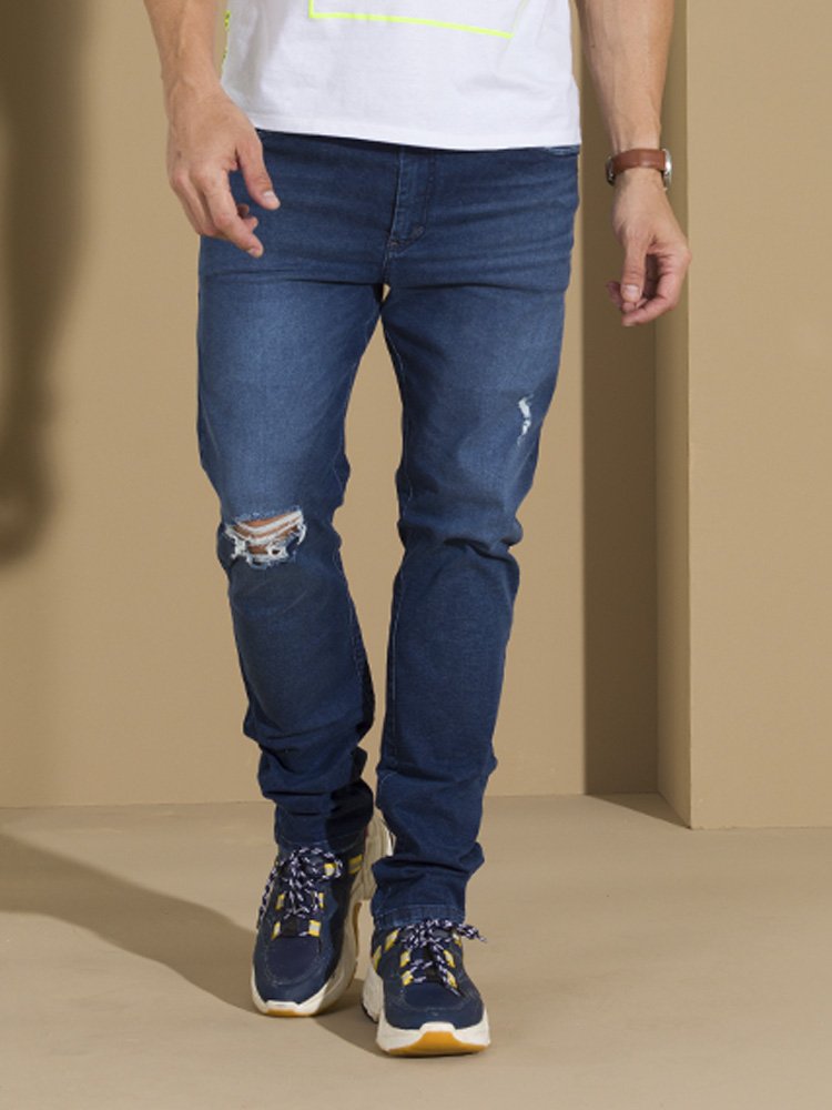 Calça Masculina Jeans Slim Confort Rasgada (Azul)