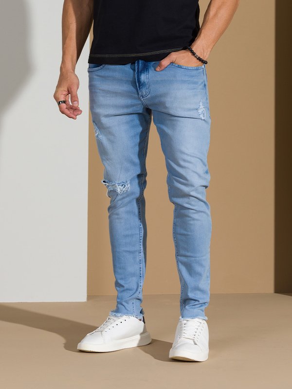 Calça Masculina Jeans Junior Rasgada (Azul Claro)