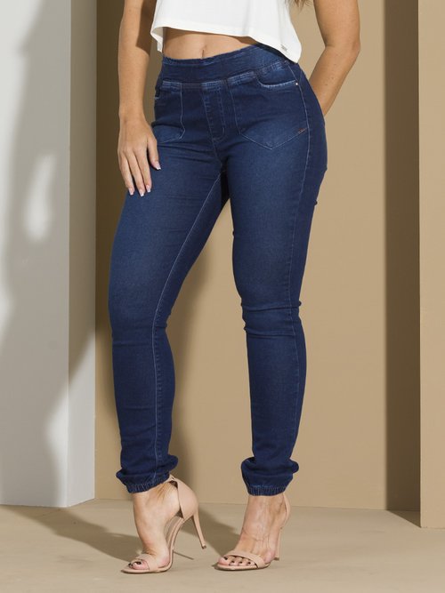 06 calca feminina jeans cigarrete jogging bolso diferenciado azul 40