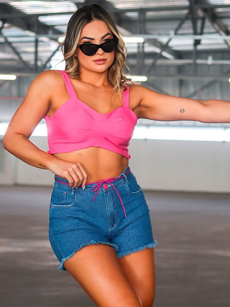 01 shorts feminino jeans slouchy cordao rosa desfiado
