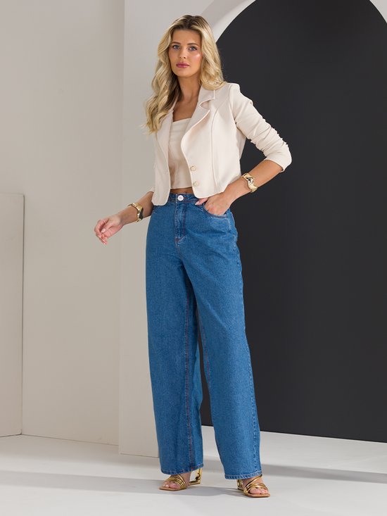 Calça Feminina Jeans Wide Leg Social Cós Alto (Azul)