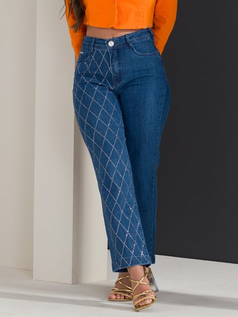 Calça Feminina Jeans Cigarrete Reta Brilho Strass (Azul)
