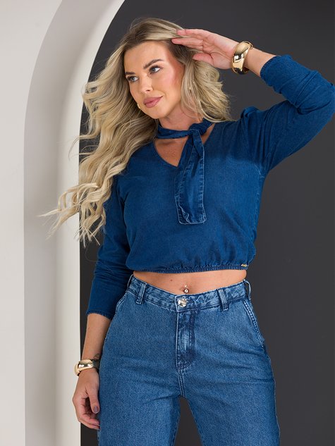 Jeans Feminina Blusa Ciganinha Jeans Manga Longa Marialícia Blusa