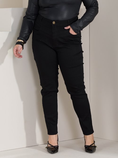 07 calca feminina sarja cigarrete cintura alta pesponto nao desbota