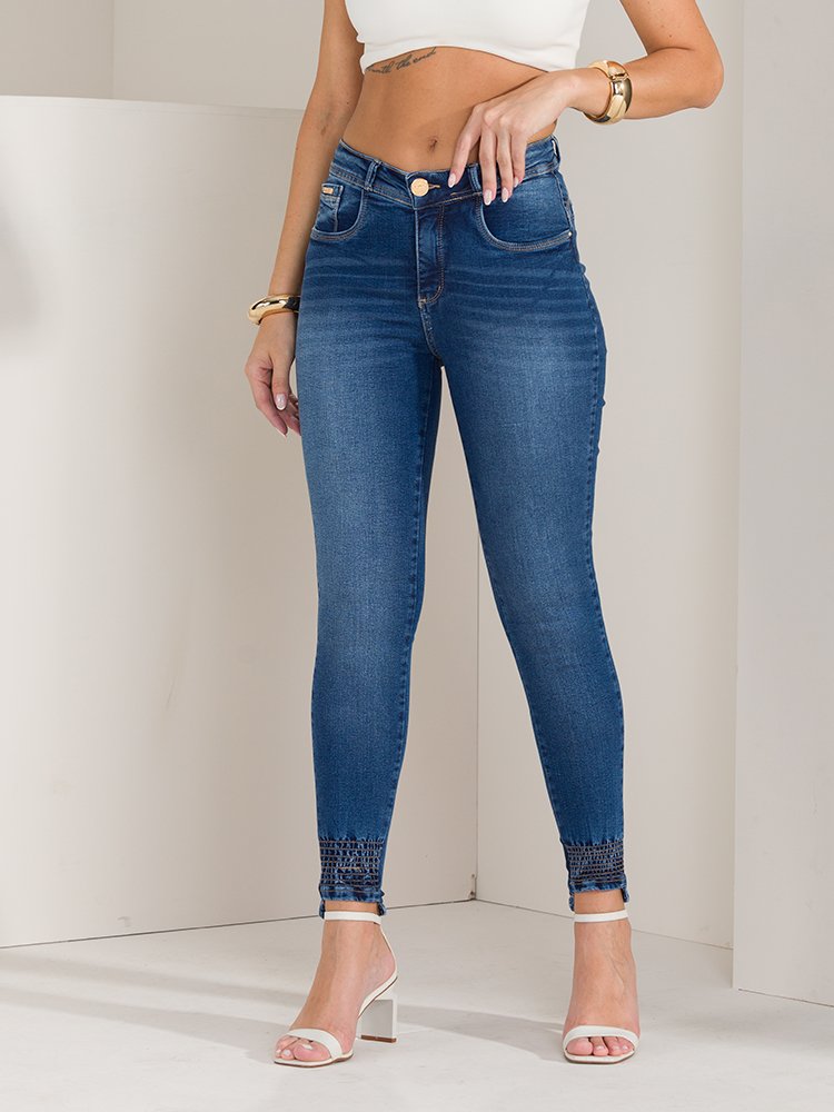 Cal&ccedil;a Feminina Jeans Skinny Barra El&aacute;stica Imagem 1